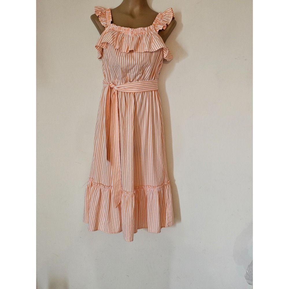 Michael Kors orange & white striped Summer Dress Boho Peasant Ruffle Neck S
